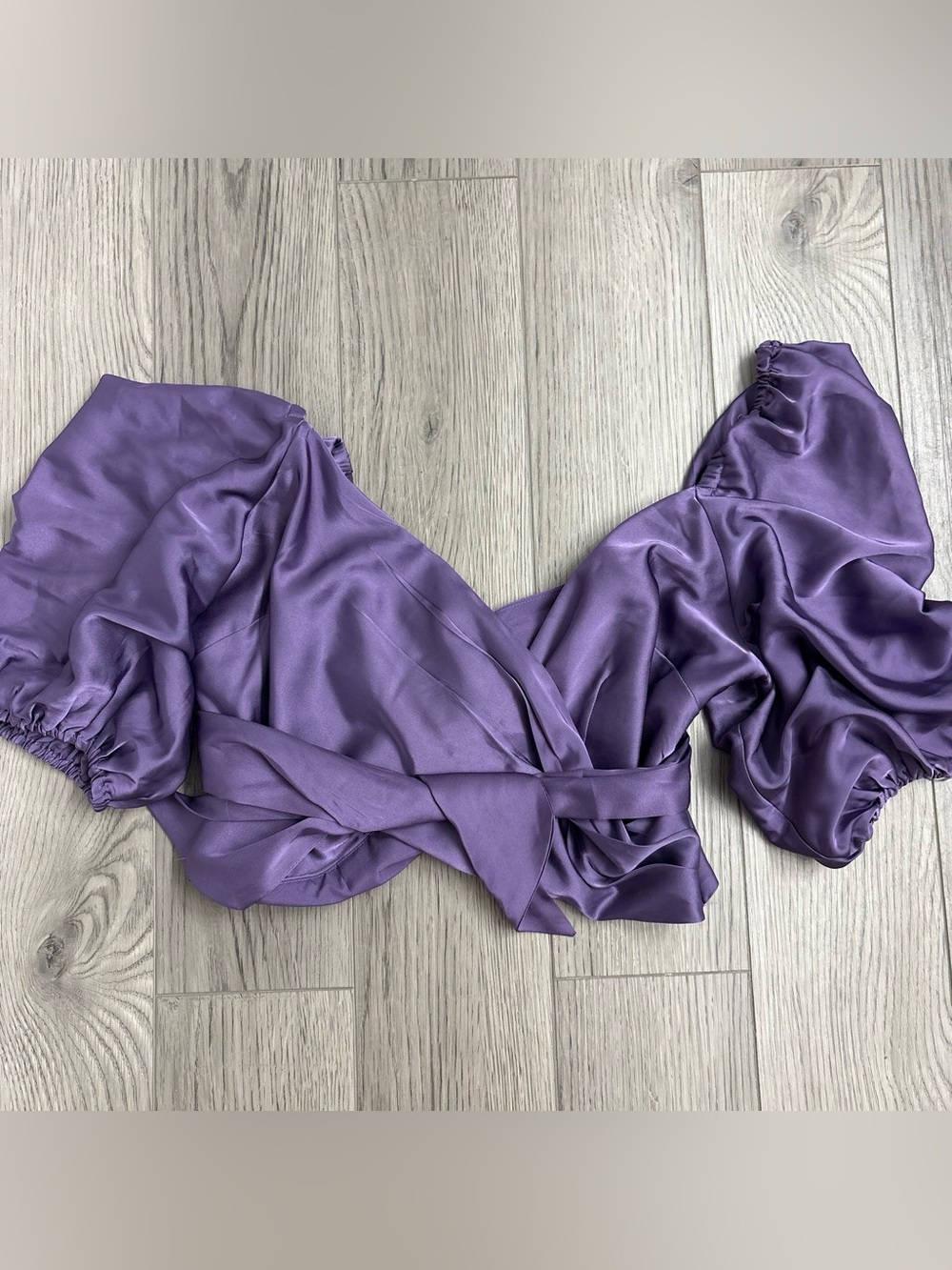 Express Lavender Satin Wrap Top with Puff Sleeves